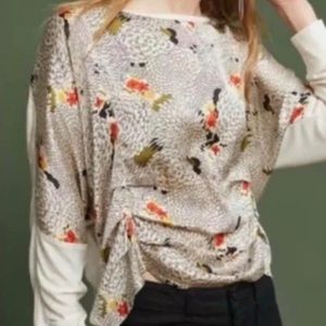 Tiny by Anthropologie ivory satin floral print cinched detail blouse (XS)